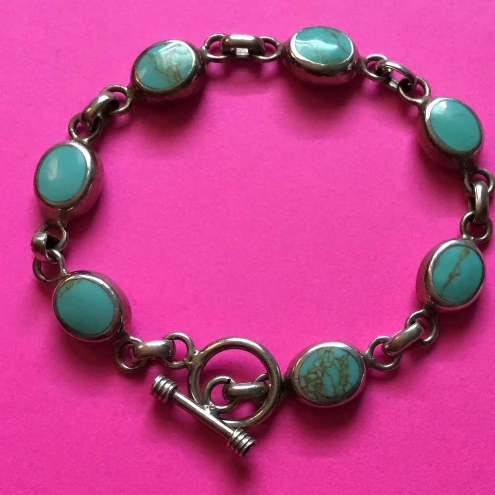 Vintage Turquoise Link Toggle Bracelet 925 Sterling Silver Mexico, 20grams 8”in